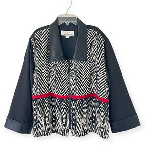 Caroline Rose Animal Print Faux Leather Trim/ Collar Mixed Media Zip Up Jacket